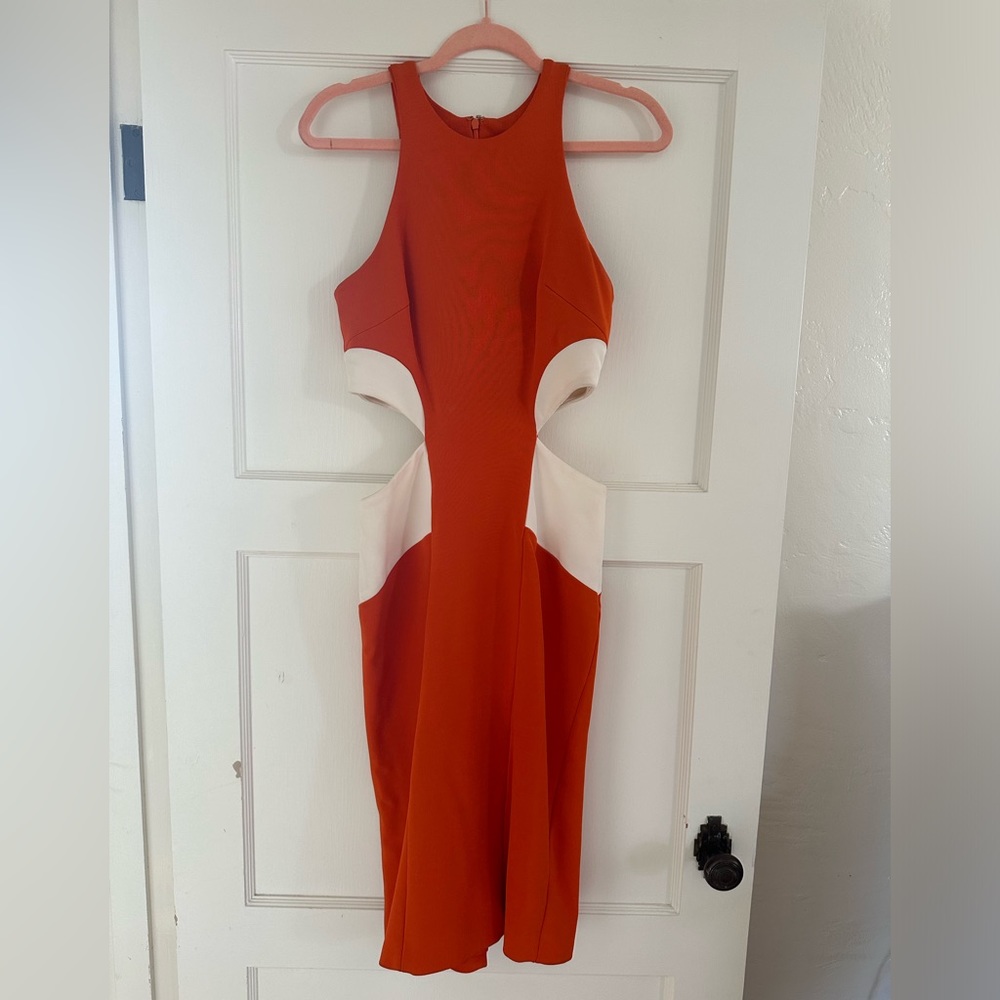 Cushnie et Ochs orange and white geometric cutout sheath cocktail dress